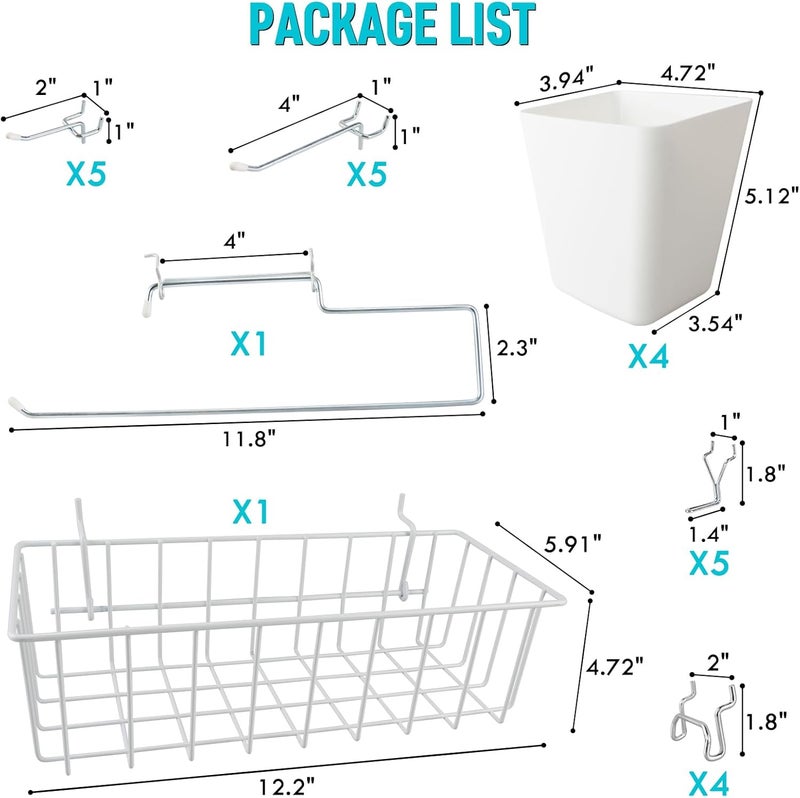 G.CORE Peg Board Organizer 21 Pack, Pegboard Accessories with Baskets Cups Hooks - 1/8" & 1/4" Peg Board Wall Tool Organizers, Utility Holders & Hangers for Garage Craft Workbench (White & White) - Image 2